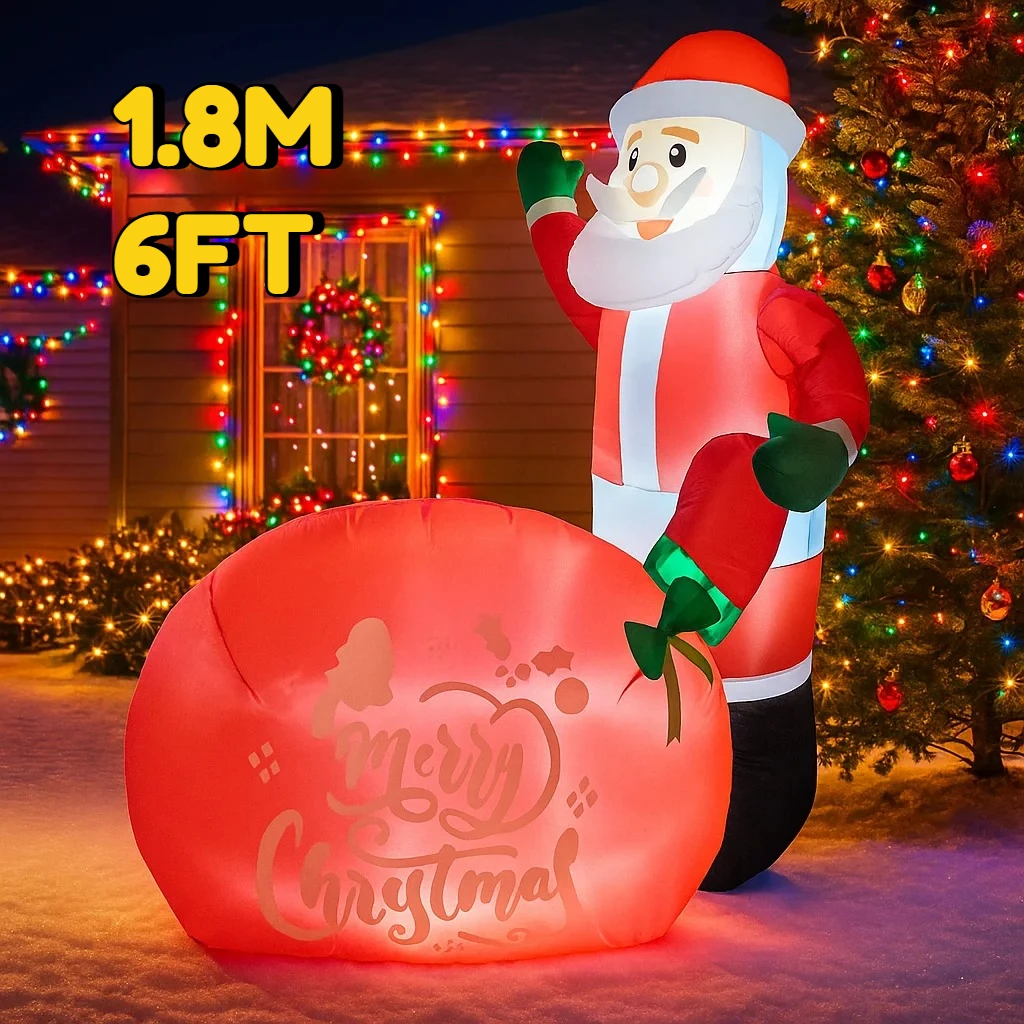 1,8 м/6 футов рождественские украшения надувная игрушка Санта-Клаус на подарочной сумке игрушки украшения для дома и двора со светодиодным декором Рождество на открытом воздухе