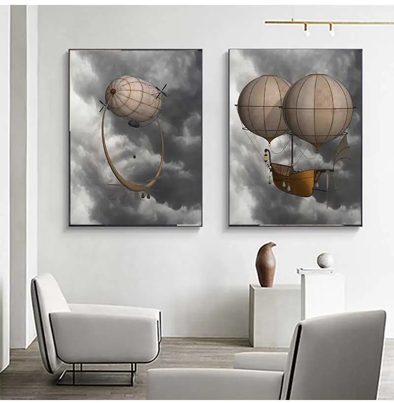 Vintage Hot Air Balloon Retro Steampunk Airship Canvas Painitng Wall Art Picture Poster for Living Room Kidsroom Home Decor