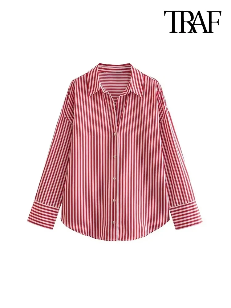 TRAF-Oversized Poplin Shirts for Women, Long Sleeve, Button-up, Loose Female Blouses, Chic Tops, Fashion