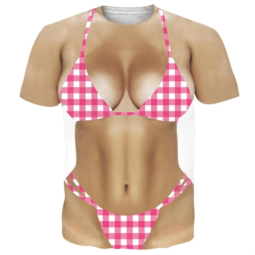 مضحك بيكيني الجرافيك تي شيرت للرجال ثلاثية الأبعاد مطبوعة وهمية Abs العضلات تي شيرتات قصيرة الاكمام المرأة تأثيري حلي الجدة تيز قميص
