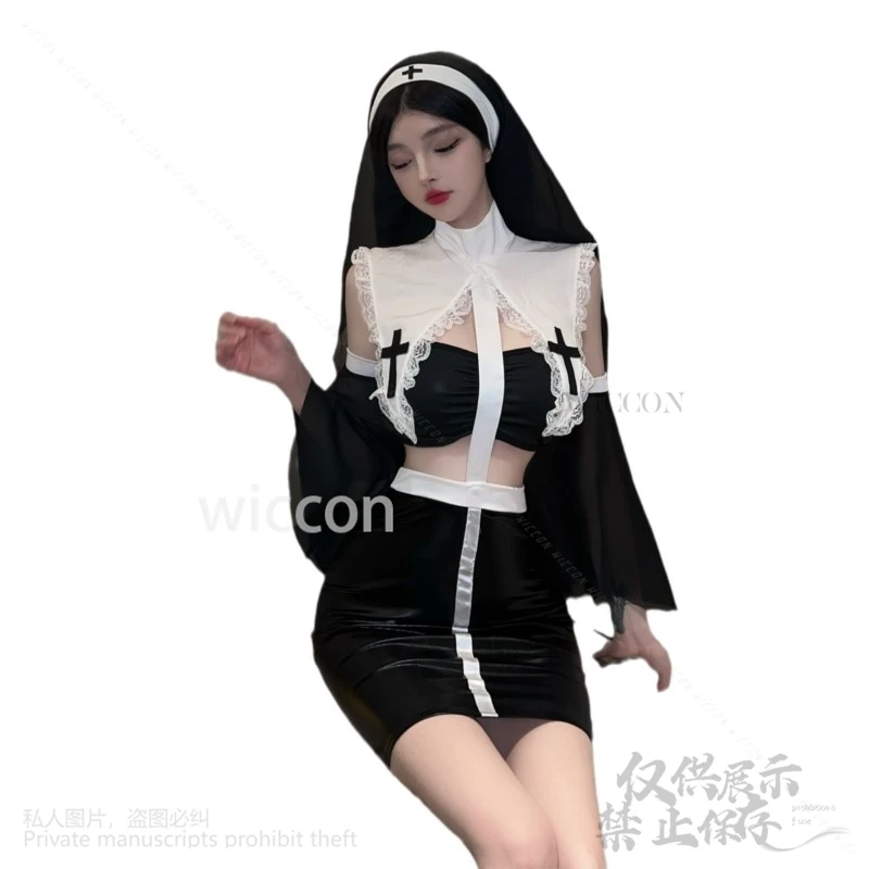 Anime Christmas Cosplay Nun Suit Leather Coat Pu Dress Dark Lolita Sexy Wear Uniform Xmas Gift For Girls Woman Halloween Cos