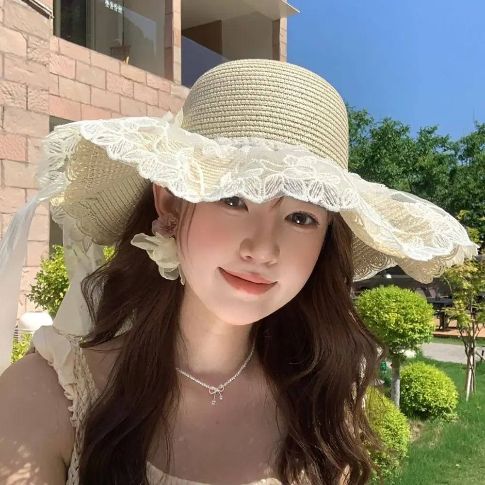 Trendy Big Bowknot Sun Hat Flower Large Brim Straw Hat Elegant Comfortable Sun Protection Hat Summer Travel