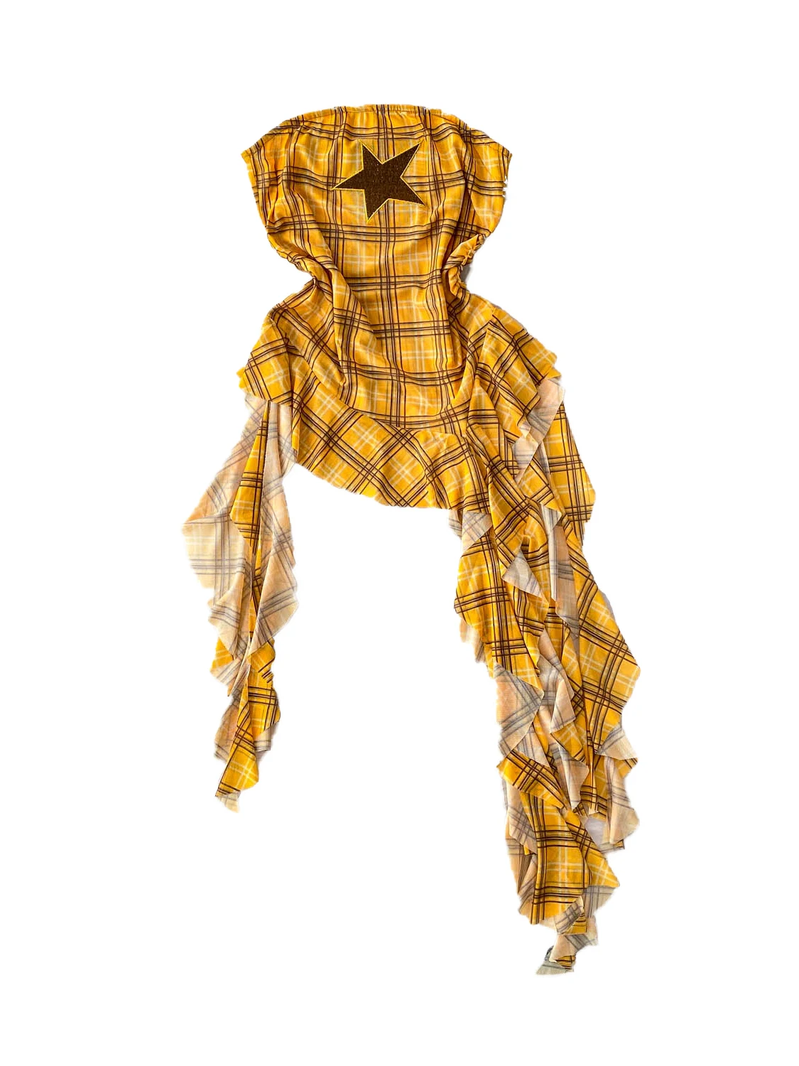 アメリカンスタイルの星柄プリントクロップトップ、レディーススリムフィットサマーアシンメトリープレイドベストデザインセンセーションストラップレスボディスーツ