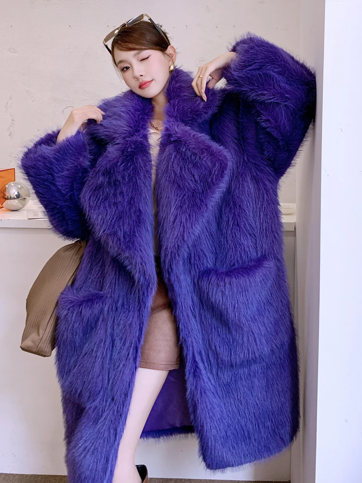 

Winter New Fashion Deep Purple Faux Fur Coat Eco-friendly Lapel Long Jacket Women's Clothing Promotion