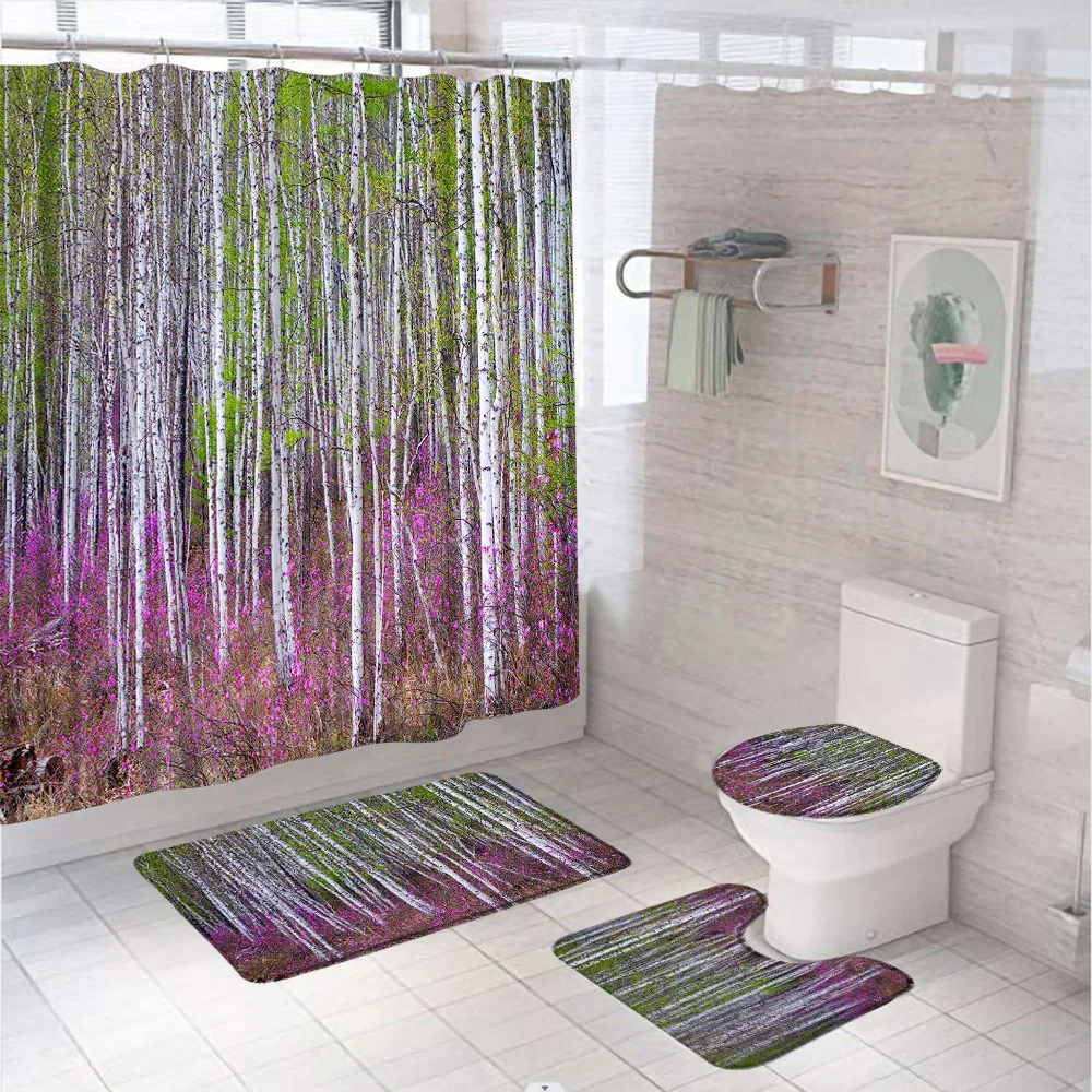 

Forest Woodland Shower Curtain Sets Non-Slip Rugs Bath Mats Lid Toilet Cover Purple Wildflower Natural Scenery Bathroom Curtains