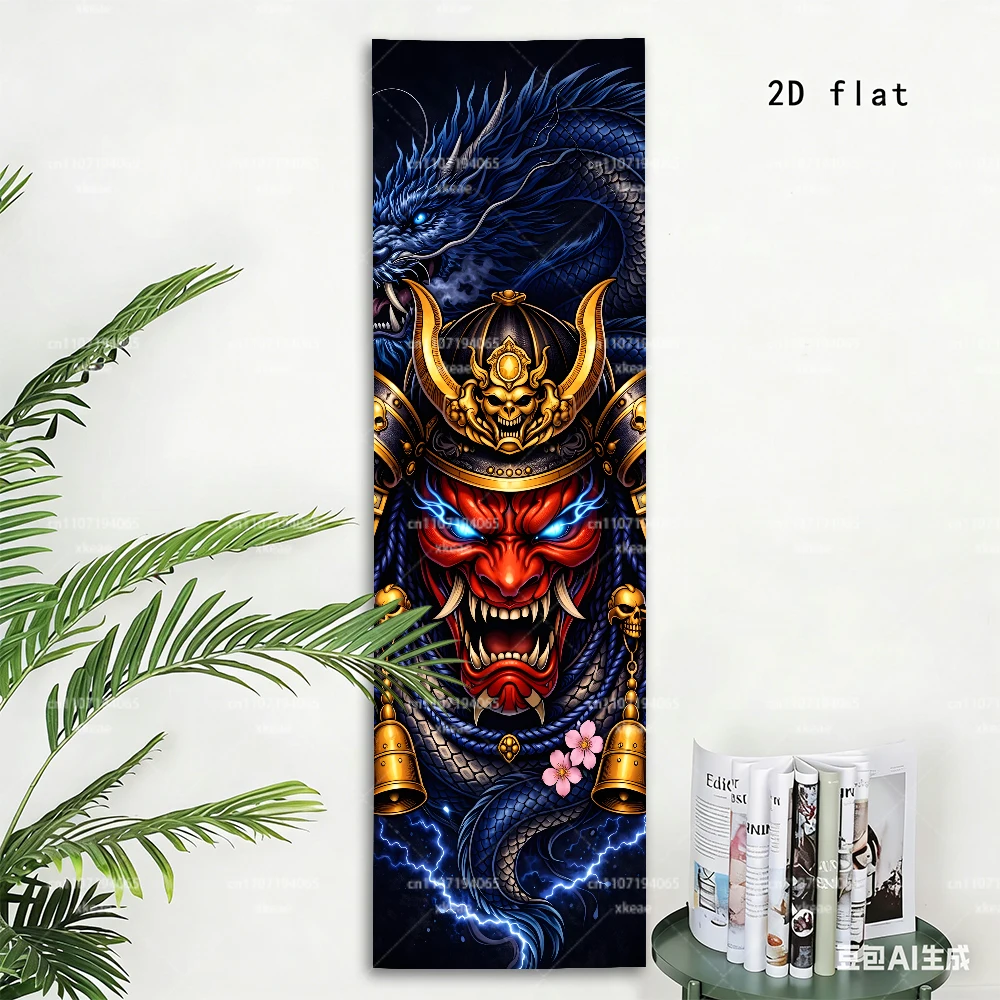 Japanese Oni Samurai Dragon Vertical Long Tapestry, Hannya Mask Blue Dragon Lightning Wall Hanging, Slim Rectangle Wall Cloth Or