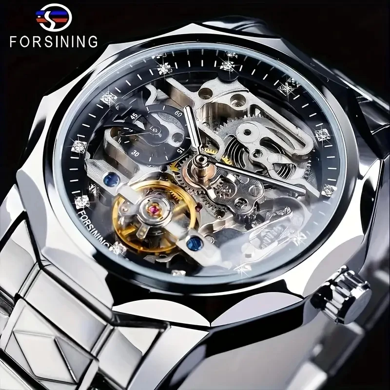 Luxurious and Sophisticated Mechanical Automatic Men's Watch - Featuring a Hollow Design with Diamond Embellishments, Round Alloy Dial, Stainless Steel Strap, 30m Water Resistance, Business-Style Timepiece - Ideal Gift, No Battery Needed