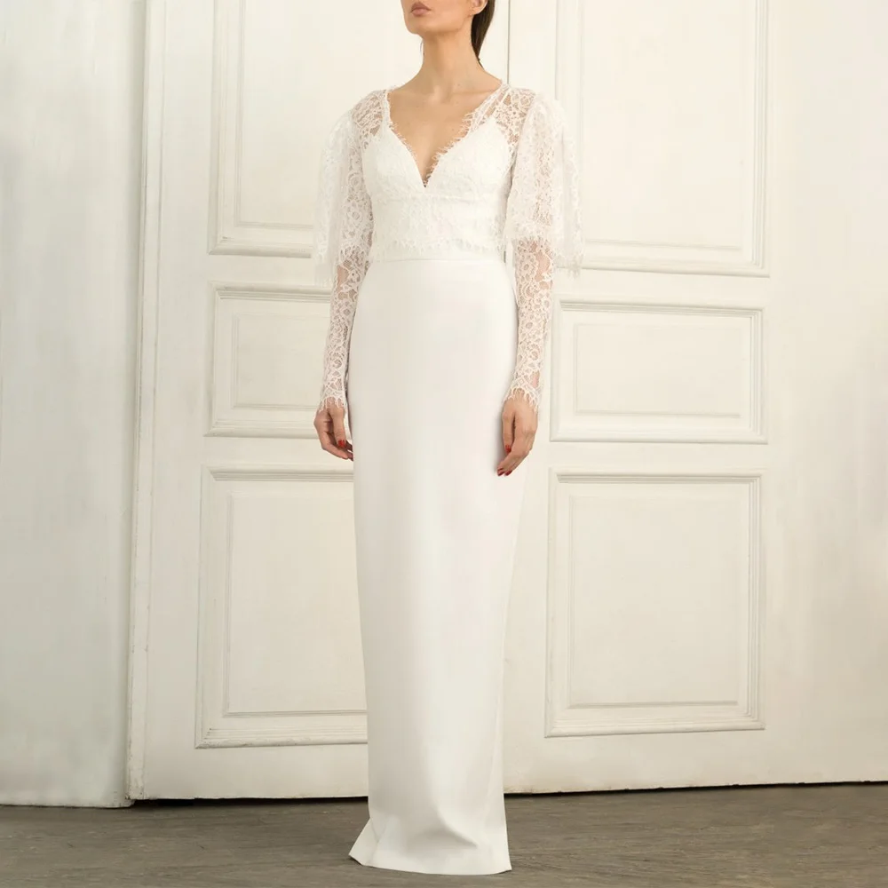 

Column Wedding Dress with Jacket Lace Long Sleeves Spaghetti Straps Wedding Gowns for Women 2024 Bride V Neck Bridal Dress Long