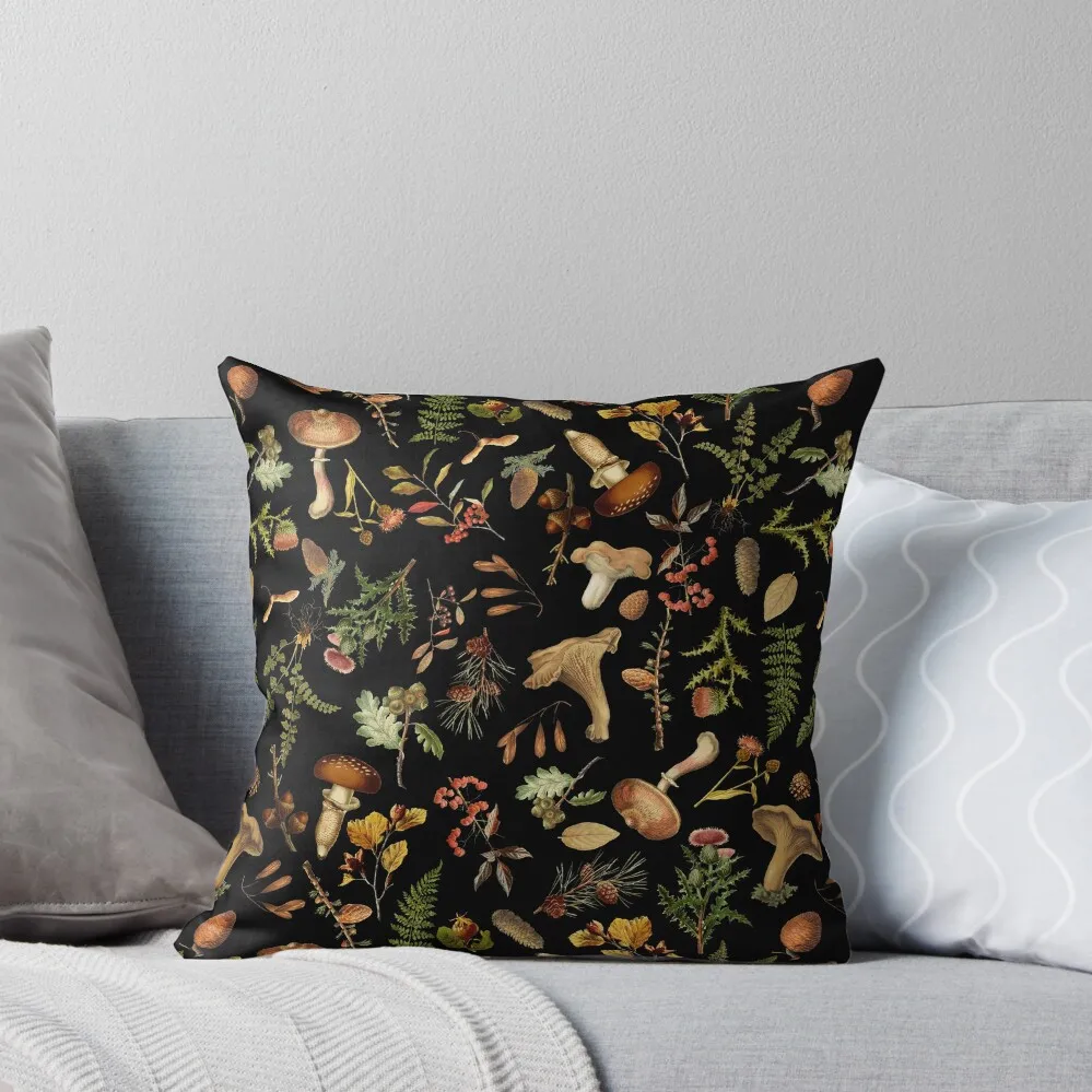 

Vintage Mushrooms Woodland Pattern - Black Botanical Night Garden Throw Pillow Anime pillow cover christmas Pillow Case