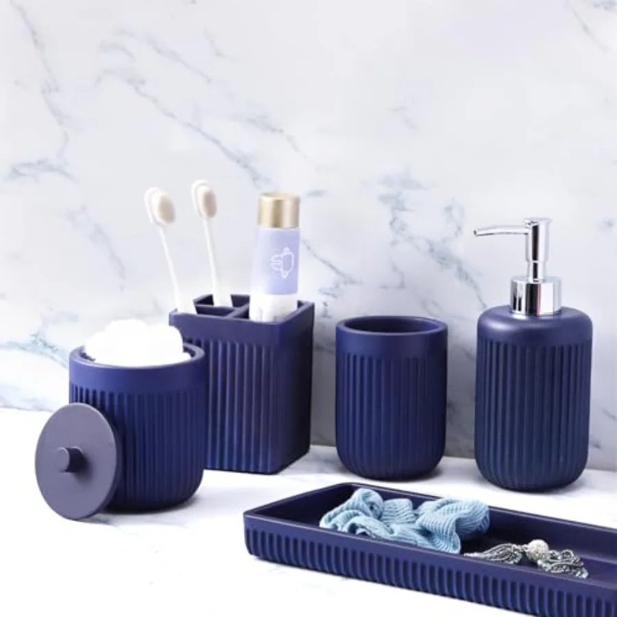 

room Accessories 5 Pcs, Lotion Soap Dispenser, Toothbrush Holder, Bathroom Tumbler, Qtip Holder and Vanity Tray, Bathroom Count