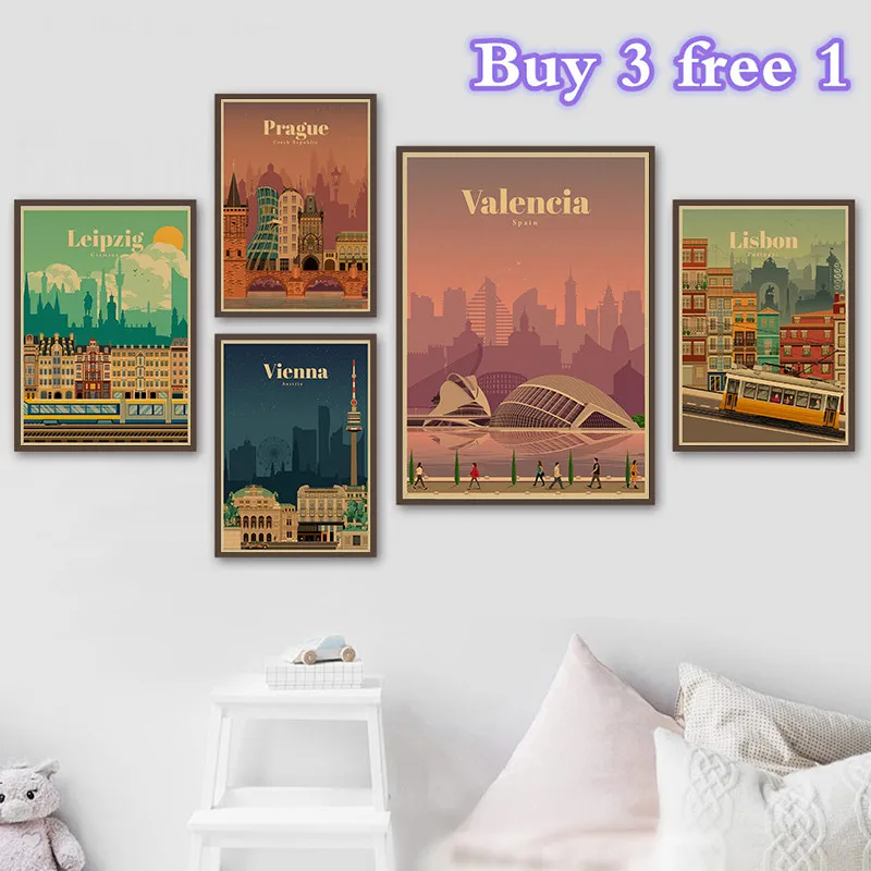 Travel Posters Illustration Nordic Print City Landscape Kraft Paper Painting Wall Picture Living Room Home Club Decoration