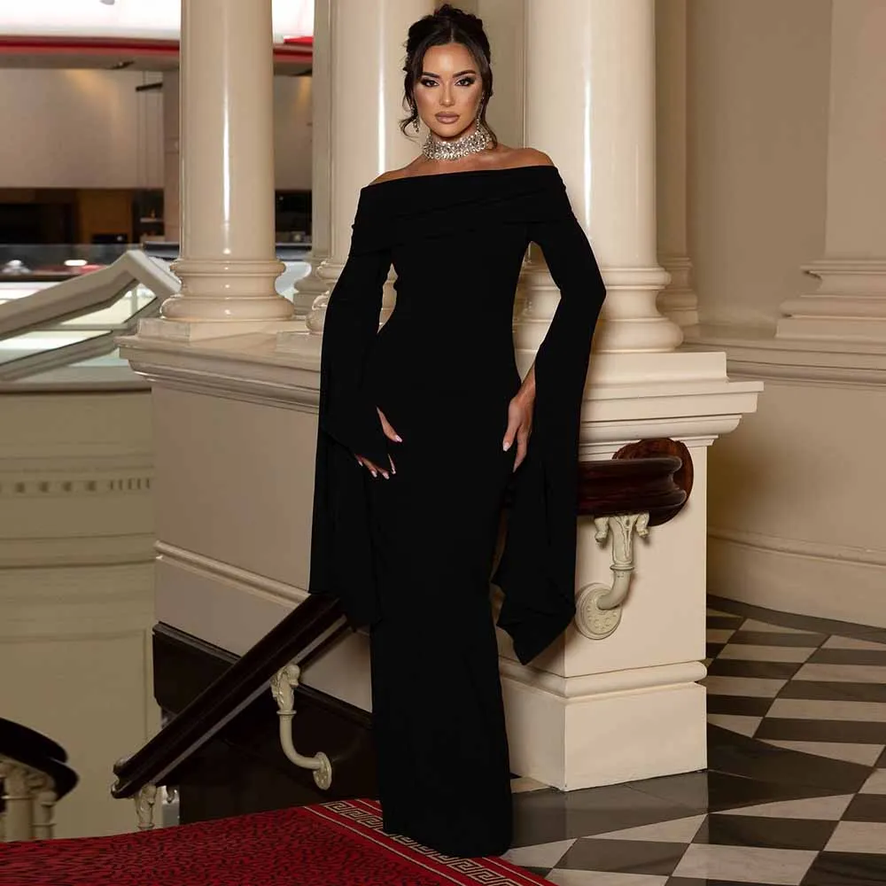

Dubai Special Occasion Dresses Jersey Sheath/Column Valentine's Day Dress Black Off-the-shoulder Split Prom Dress Long 2025
