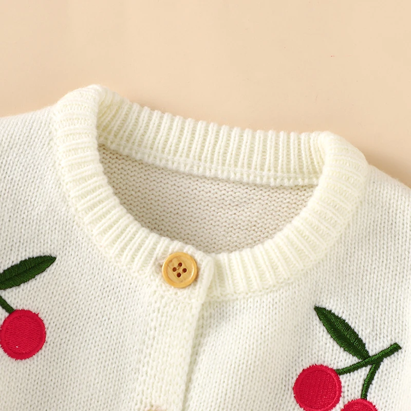 Sweet Cherry Print Knitted Acrylic O-neck Long Sleeve Newborn Baby Girls Coat Soft Infant Cardigan Sweat for 0-12 Months Newborn