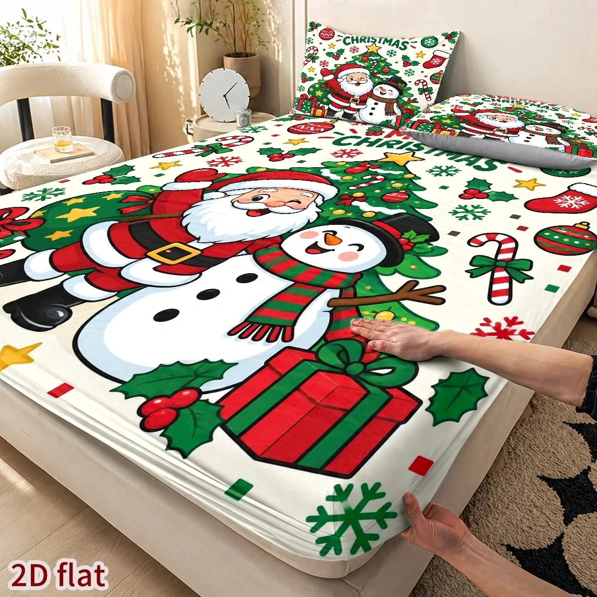 Santa Claus Snowman Gift Digital Print Three-Piece Bedding Set (Includes 1 Fitted Sheet + 2 Pillowcases) 3-Piece Set, Large Capacity Deep Pocket 2D Printed Fitted Sheet and 2 Pillowcases Bedding Mattress Protector, Fitted Elastic Style Protective Cover, Mattress Protector, Suitable for All Seasons, Machine Washable Design, Holiday Decoration, Various Sizes, Breathable Protective Cover with Pillowcase