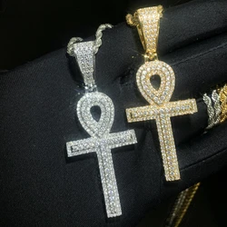 2025 New Iced Out Ankh Cross Necklace for Men Prong Setting Bling Cubic Zirconia Gold Color Pendant Hip Hop Jewelry