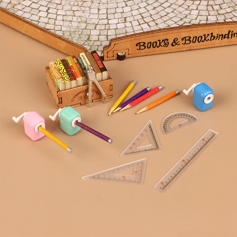 1:12 Dollhouse Simulation Mini Pencil Sharpener Pencil Compass Ruler Dollhouse Study Room Stationery Learning Scene Decoration