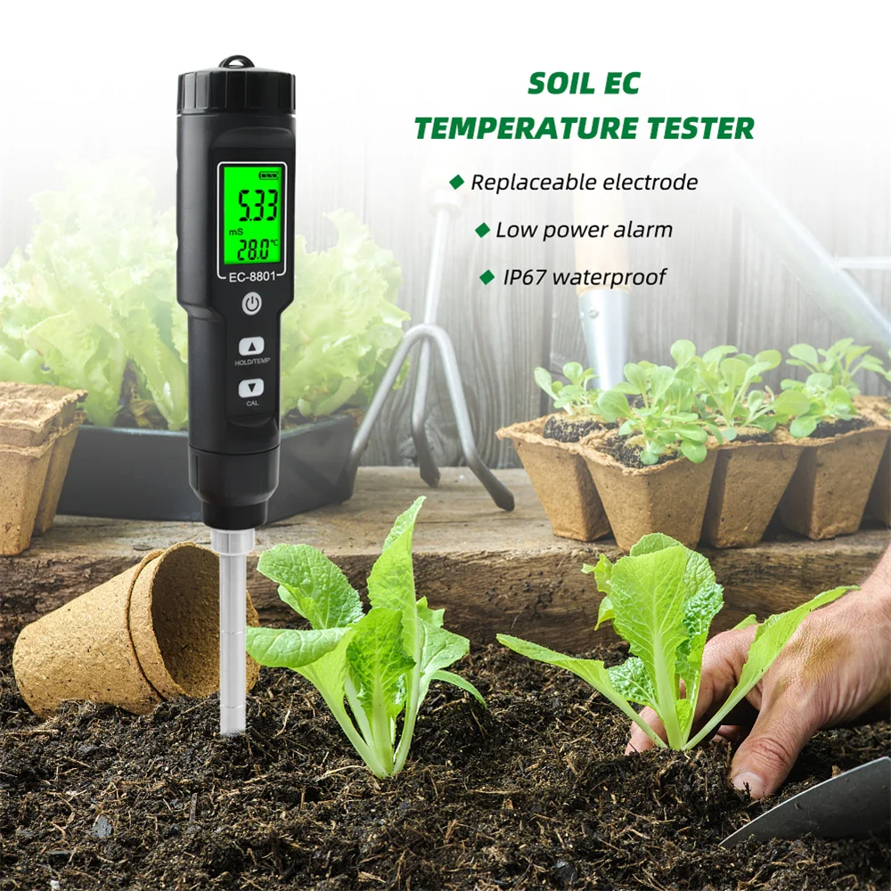 

2-in-1 EC/TEMP Soil Tester 0.00-10.00 mS/cm EC Meter -30℃-80℃ Digital Garden Meter Tools Potted Plants Gardening Agriculture