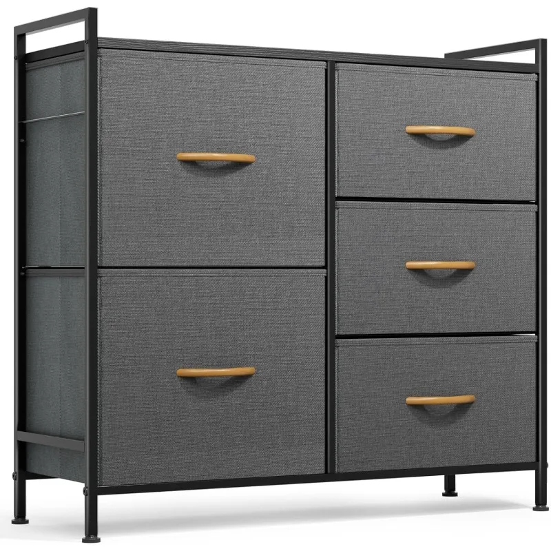 

Bedroom Dressing Table, Wardrobe Dresser with 5 Drawers, Small Fabric Dressing Table and Chest of Drawers (Dark Grey)