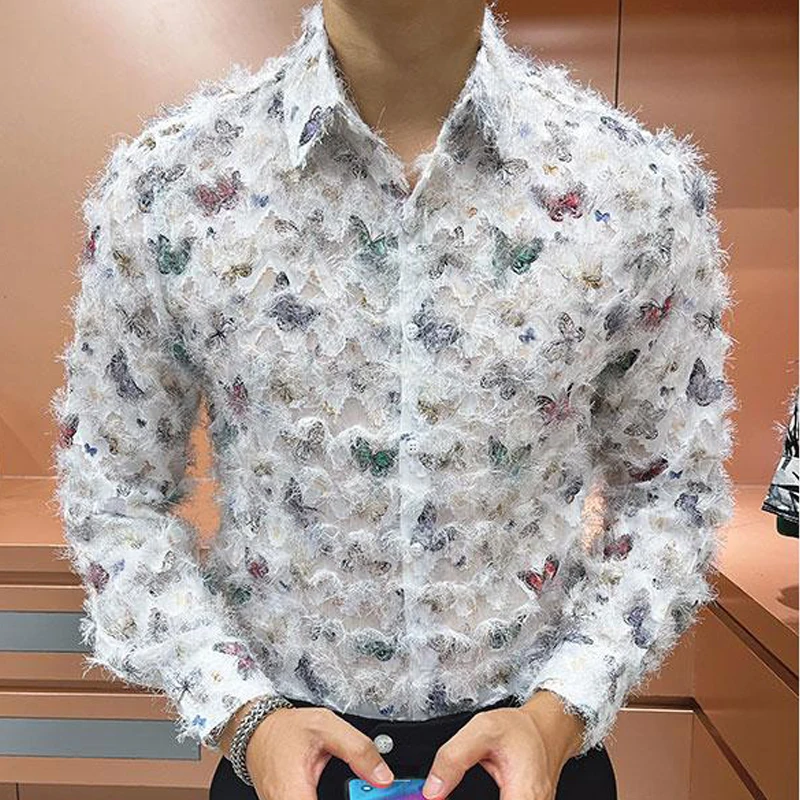 

Butterfly Shirt Men Nightclub Sexy Men Contrast Color Shirt Men Streetwear Long Sleeve Slim Shirt Social Party Dress Shirt Men