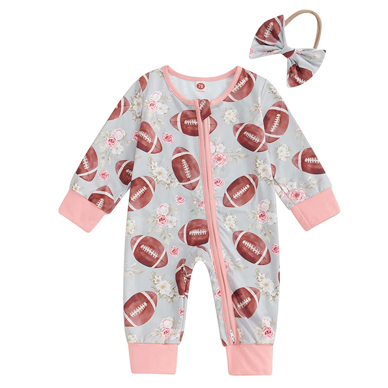 

Baby Girl 2Pcs Fall Outfits Long Sleeve Football Flower Print Jumpsuit with Headband Set Infant Clothes