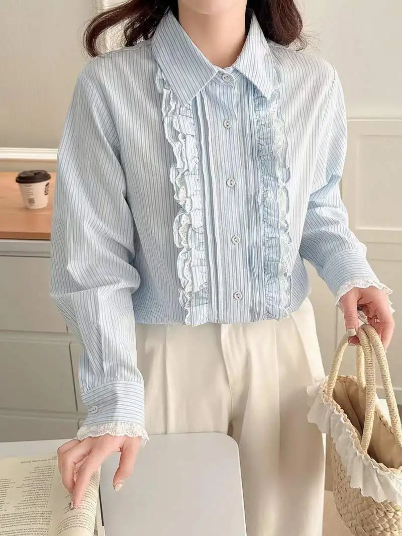 قميص قطني جديد لخريف 2025 بأكمام طويلة ، بلوزة نسائية مخططة بياقة مقلوبة ، بلوزة فضفاضة حلوة للتنقل من Mori Girl T59876CC #2