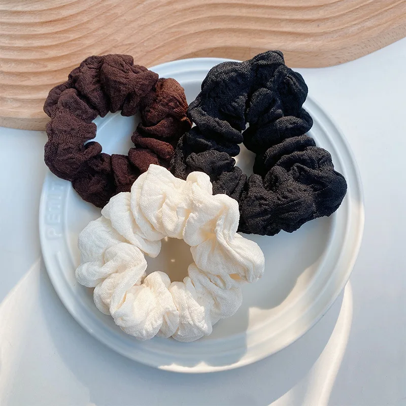 3 piezas de scrunchies de tela tipo Cream Puff, coleteros para moños, bandas elásticas de goma versátiles de color liso, accesorios para el cabello negros