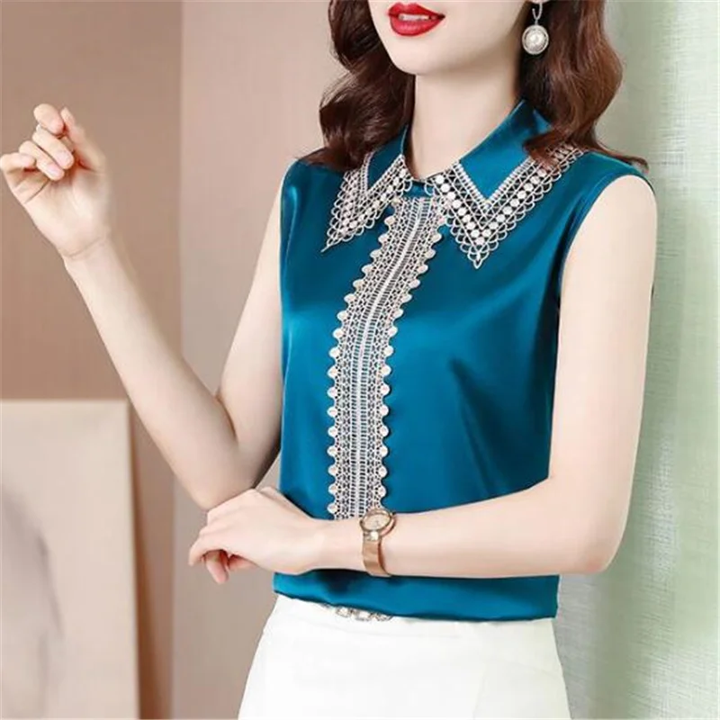 Satin Sleeveless Shirt for Women\'s Bloses Sleveless Summer Top Woman Pullover Lace Hollowed Out Blous Grace Silk Female Shirts