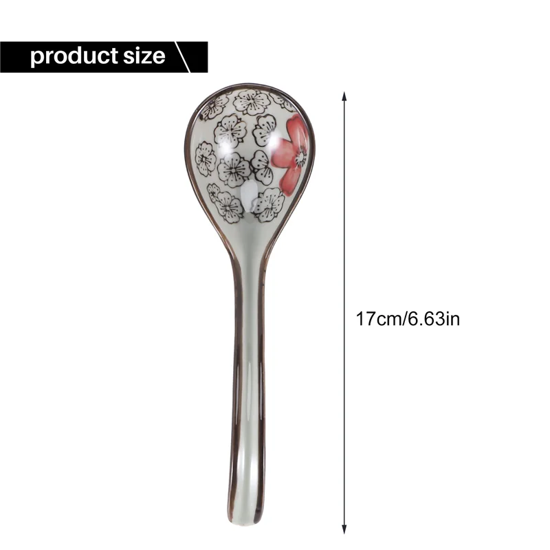 ABWR-4 قطع ملاعق أرز صينية كلاسيكية آسيوية مقبض منحني ملعقة شوربة رامين ملاعق زهور مطلية بمقبض طويل
