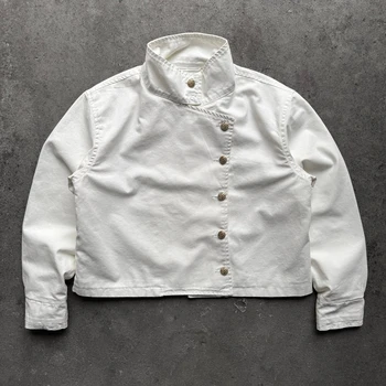 Y2K White Fencing Jacket Retro Bakastroll High Neck Loose Casual Denim Jacket Fashionable High Street Men Women Hip Hop Clothing