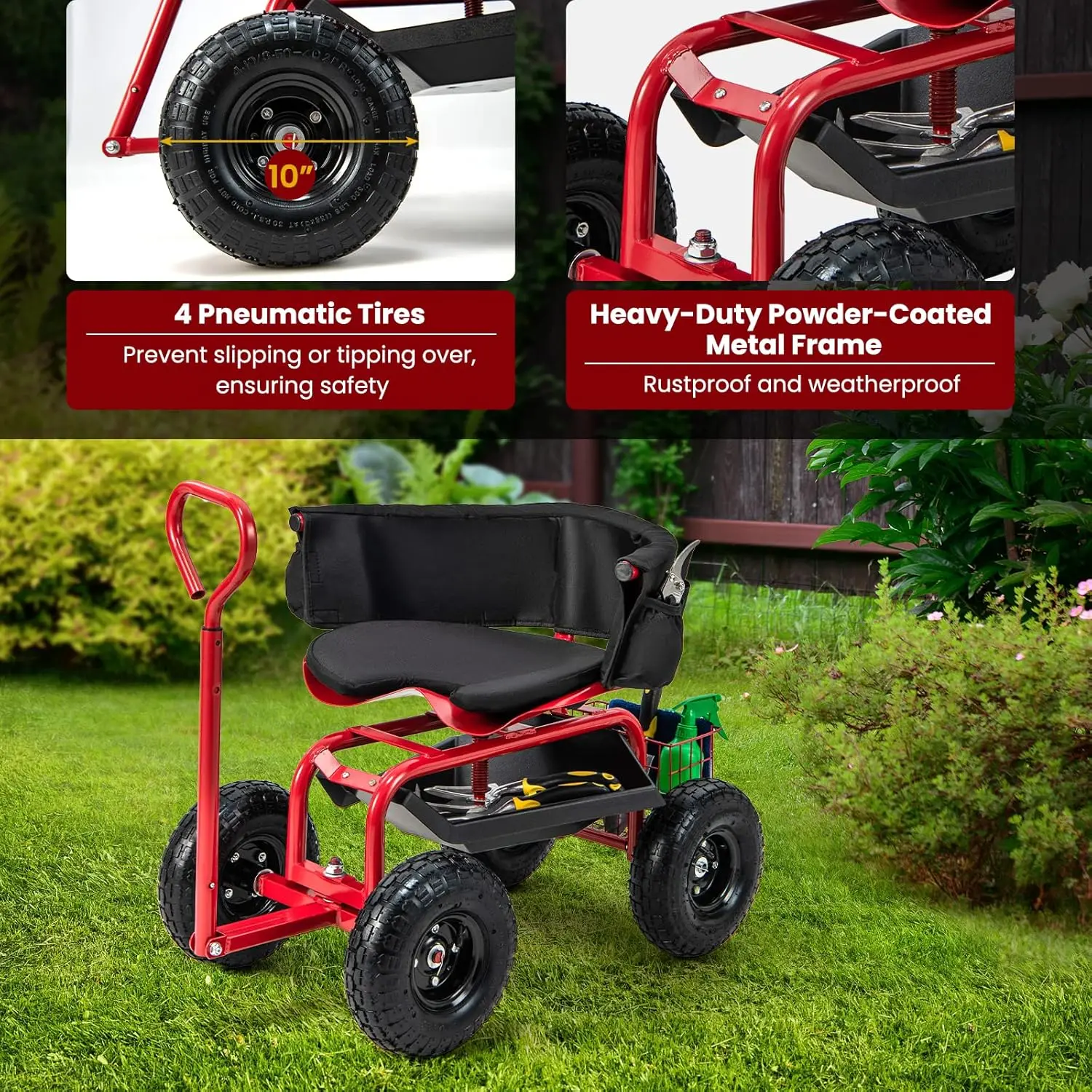 Rolling Garden Cart, 360 Swivel Workseat with 4 Wheels, Removal Cushion & Tool Tray, Storage Basket, Gardening Wagon Scooter