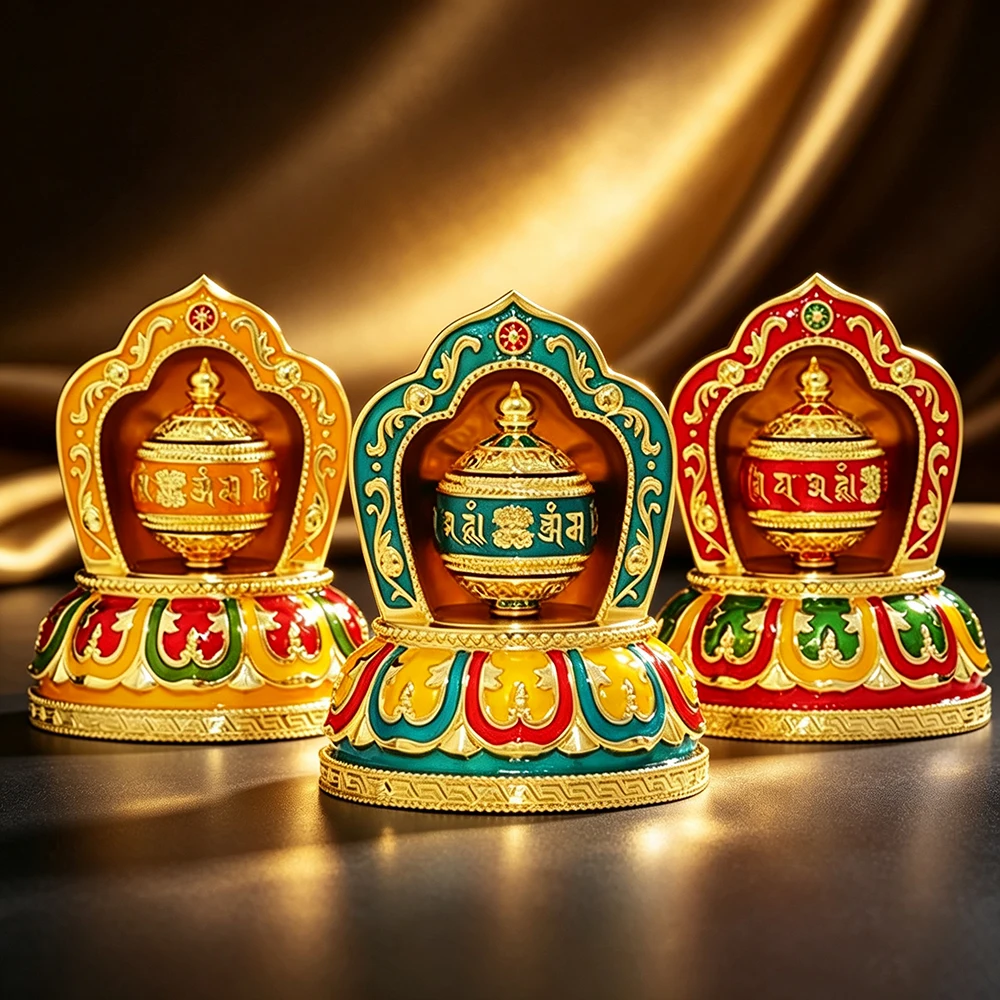 Solar & Battery Dual‑Power Prayer Wheel, Electroplated Hand‑Painted Scripture Wheel, Car Office Home Decorative Prayer Ornament