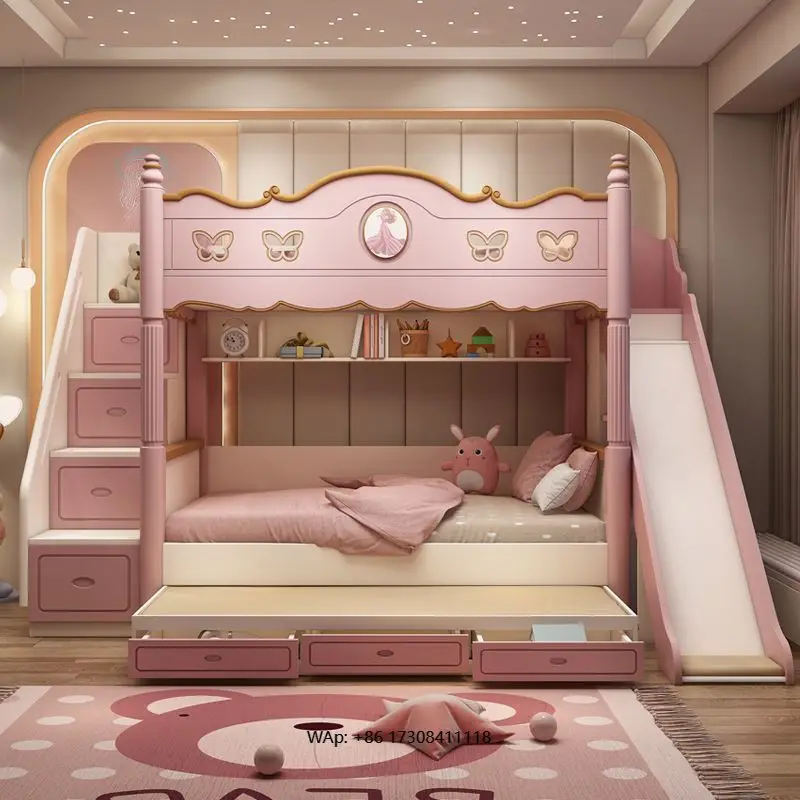 

Cute Children's Wood Princess Bucking Two-Layer High Guardrail Slide Elevated Bed for Girls Living Room Modern Design