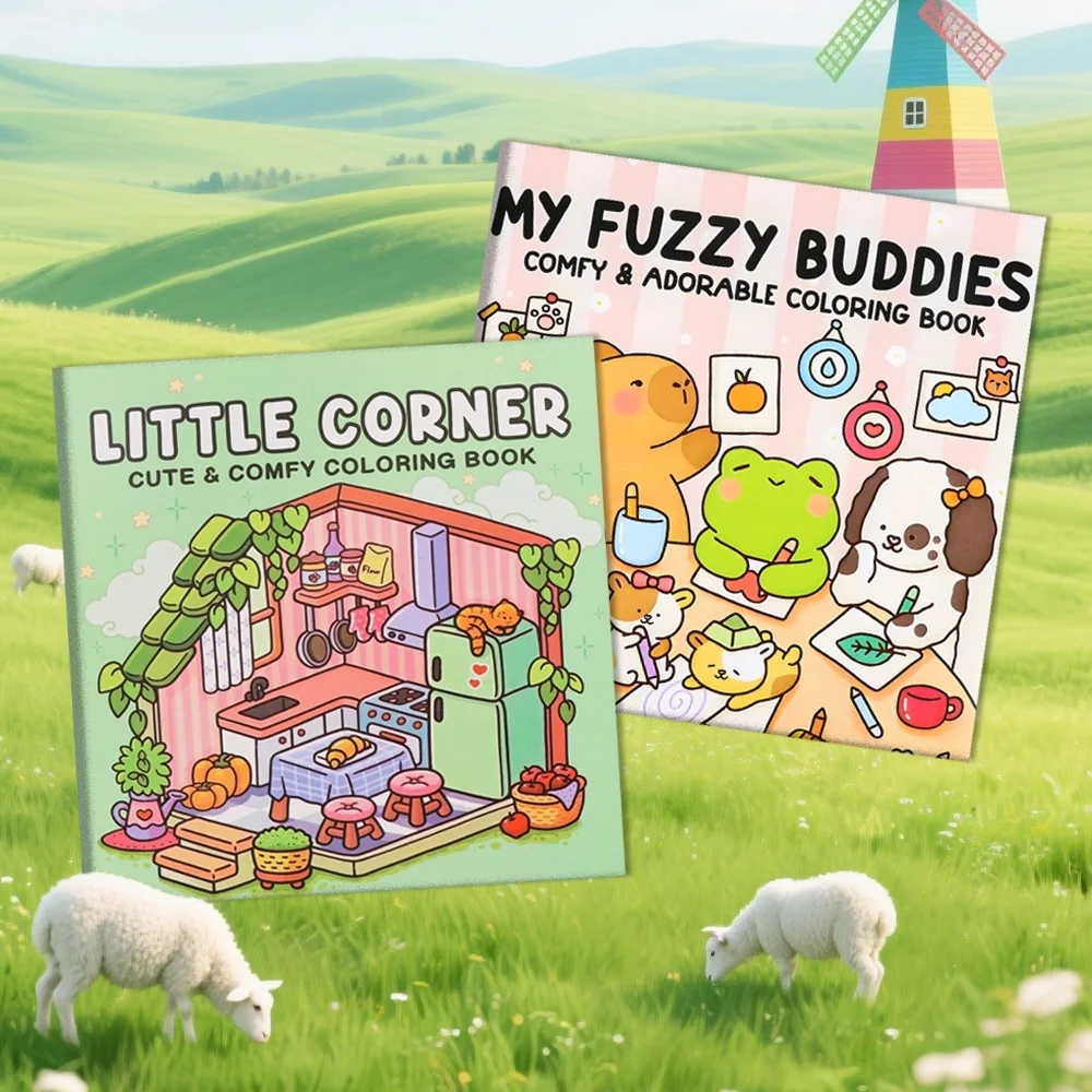 

2 healing coloring books, simple and large relaxing designs, cute animal corners to relieve stress instantly