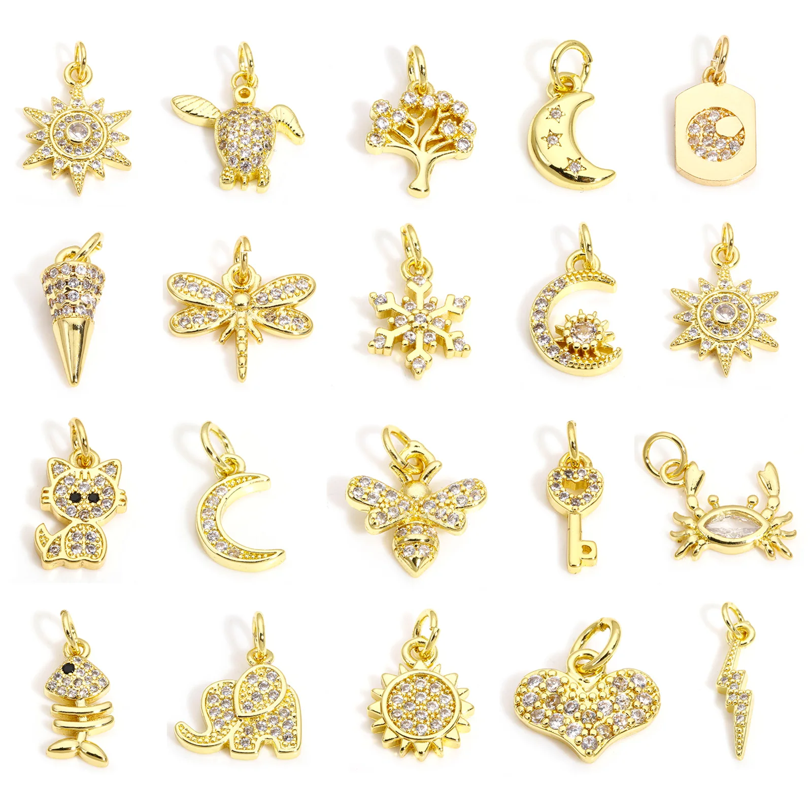 Encantos de latão banhado a ouro 18k para mulheres, sol, inseto, zircônia cúbica clara, pentagrama, lua, circular, requintado, pingente pequeno, 2pcs