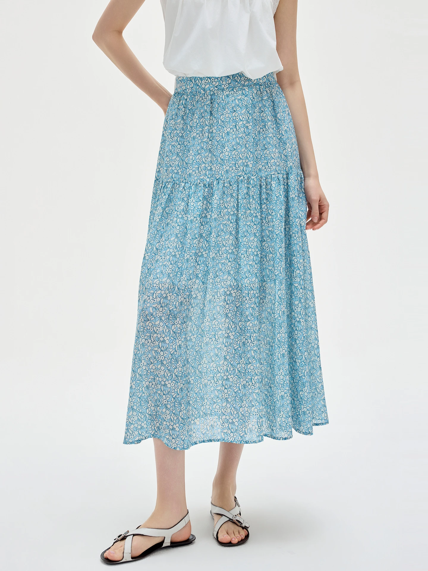 ELLE Lenzing Half Skirt Women's Floral Print Elastic Waist A-Line Long Skirt Summer New Style Commute Simple Style Linen Fabric