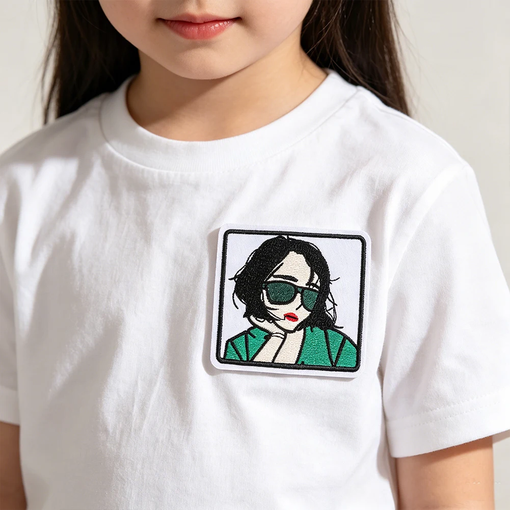 Coole Sonnenbrille-Mädchen-Stickapplikation mit Porträt-Illustration zum Aufbügeln auf Kleidung, Taschen, DIY-Dekoration, selbstklebender Aufkleber – Detail 5