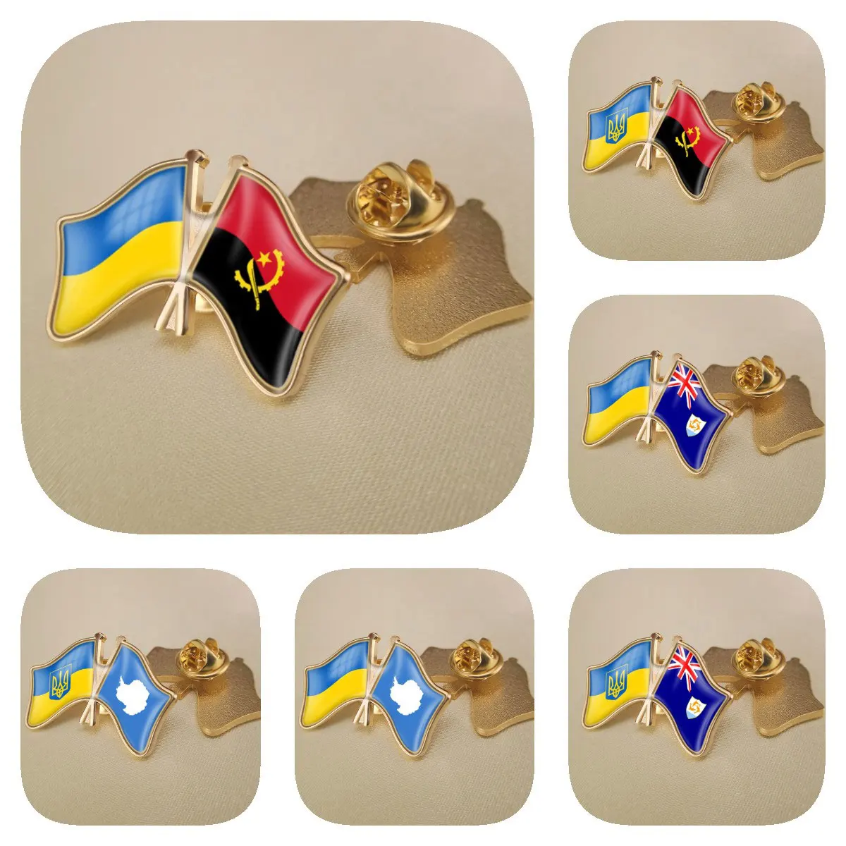 Ukraine and Angola Anguilla Antarctica Double Crossed Friendship Flags Brooches Lapel Pins Bradges