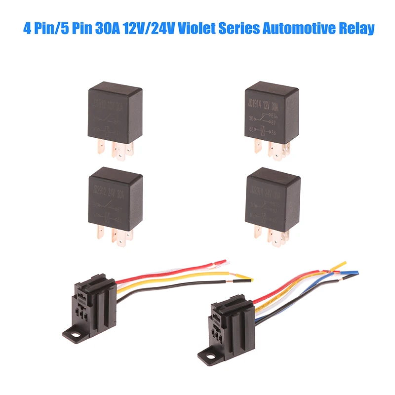 4 Pin/5 Pin 30A 12V/24V Automotive Violet Relay Socket With Wire With Terminal Automotive Control Device Auto Car Relay