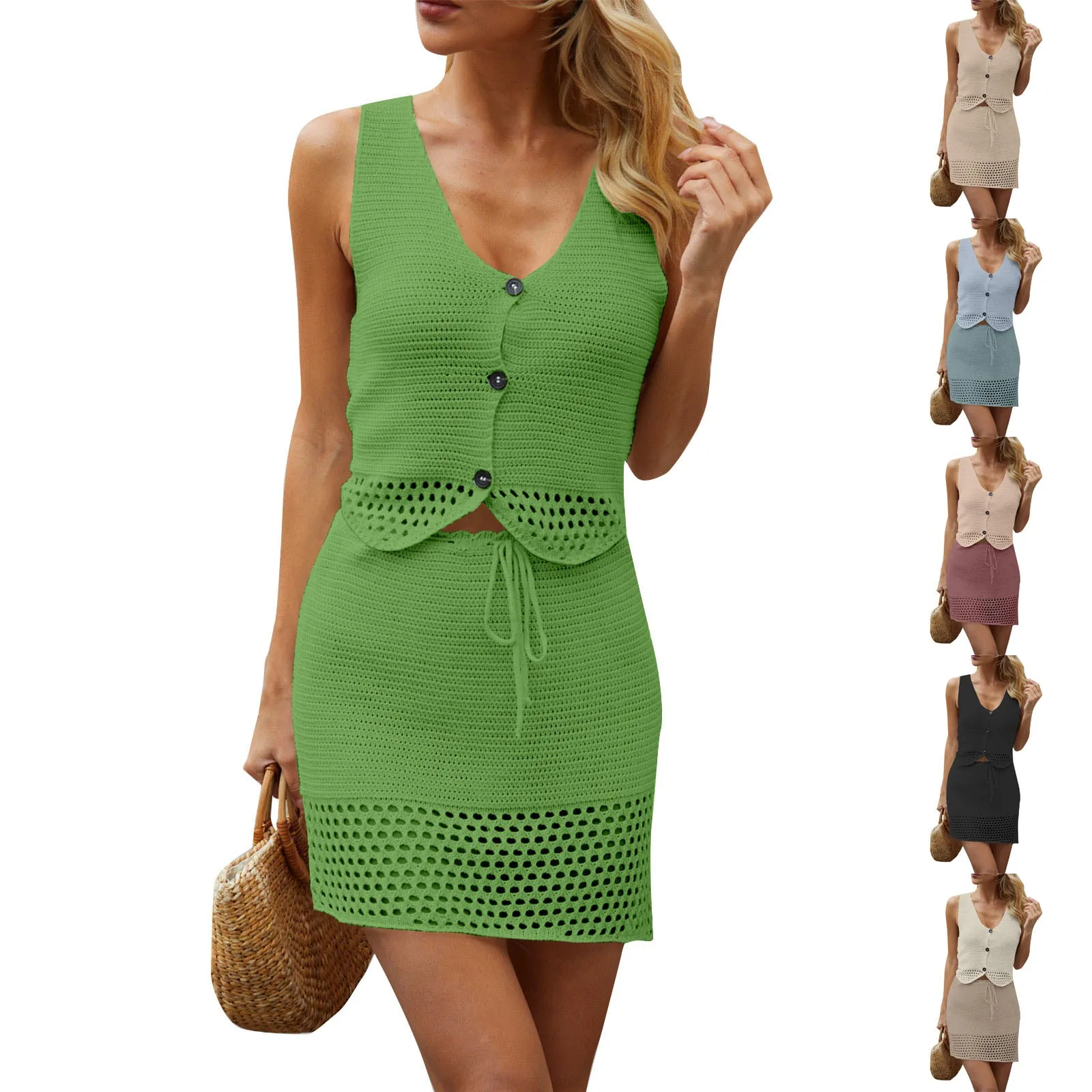 Elegant Solid Color Button Down Bodycon 2pc Set Women Sleeveless Tank Vest+mini Skirt Set Summer High Street Knitted Outfits