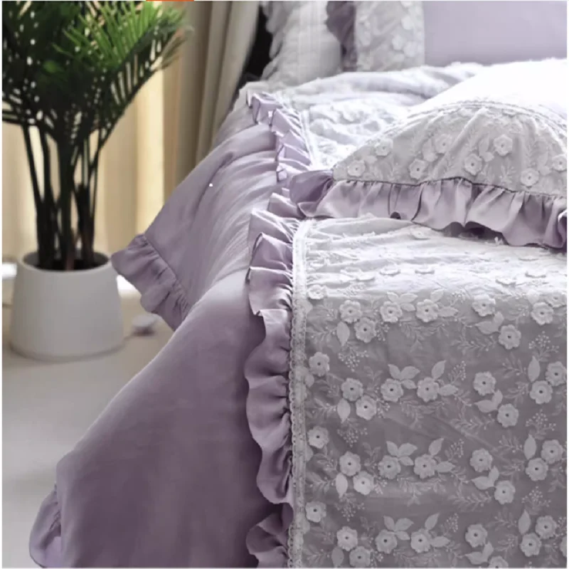 French Korean princess style three-dimensional embroidery purple 140 thread tencel bedding set sheet, duvet cover, pillowcases