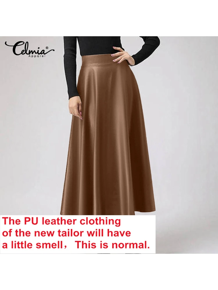 Women Long Skirts Fashion Leather PU Skirt Celmia 2023 Solid Office Lady Midi Skirts Elegant High-Waisted Party Skirt Bottoms