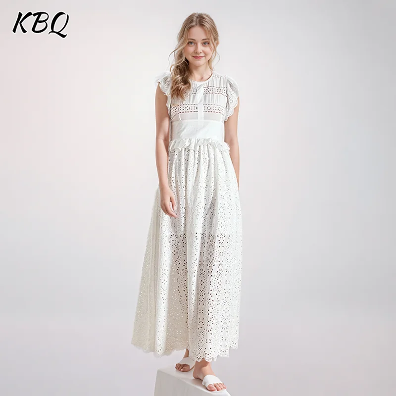 

KBQ Solid Hollow Out Patchwork Lace Dresses For Women Round Neck Sleeveless High Waist Temperament Long Dress Female Fashion New