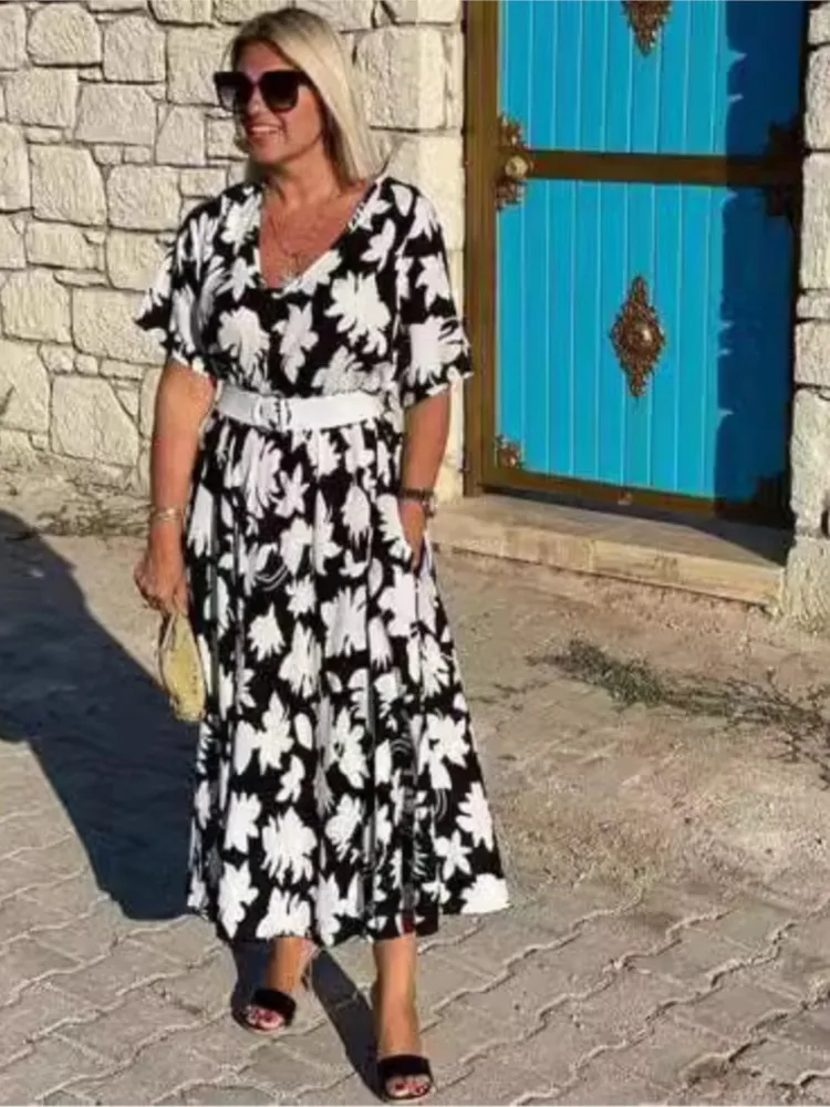 Fashion V-neck Short-sleeved Loose Dress For Women Spring And Summer Elegant Flower Printing Casual Loose Holiday Dresses Female