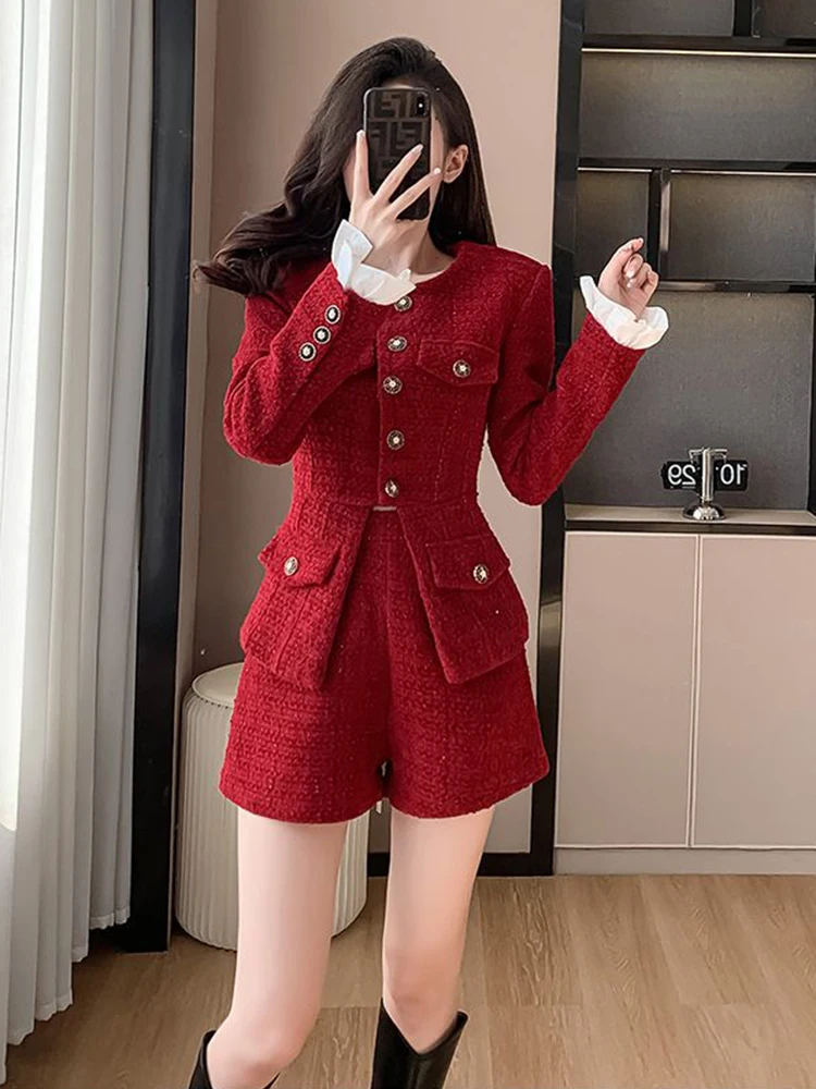 Autumn Winter Clothes Tweed Two Piece Pant Set Women High Street Luxury Fashion Jacket Coat + Short 2 Piece Sets Women Outfit