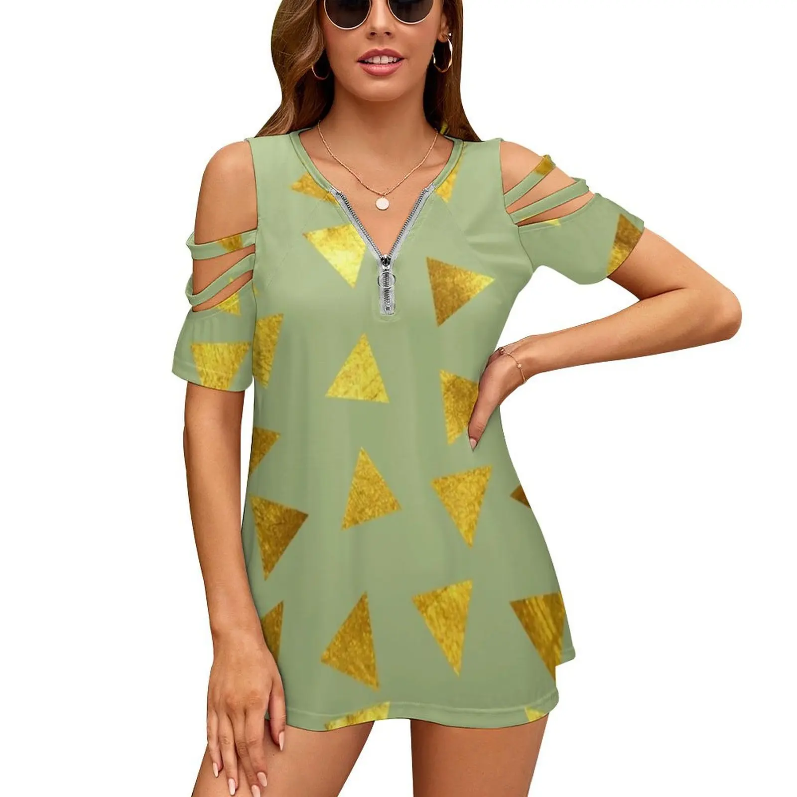 Gold Triangle Green Women'S T-Shirt Summer Fashion Print Floral V-Neck Zipper Tshirt Hollow Pullover Ladies Top Gold Glitter