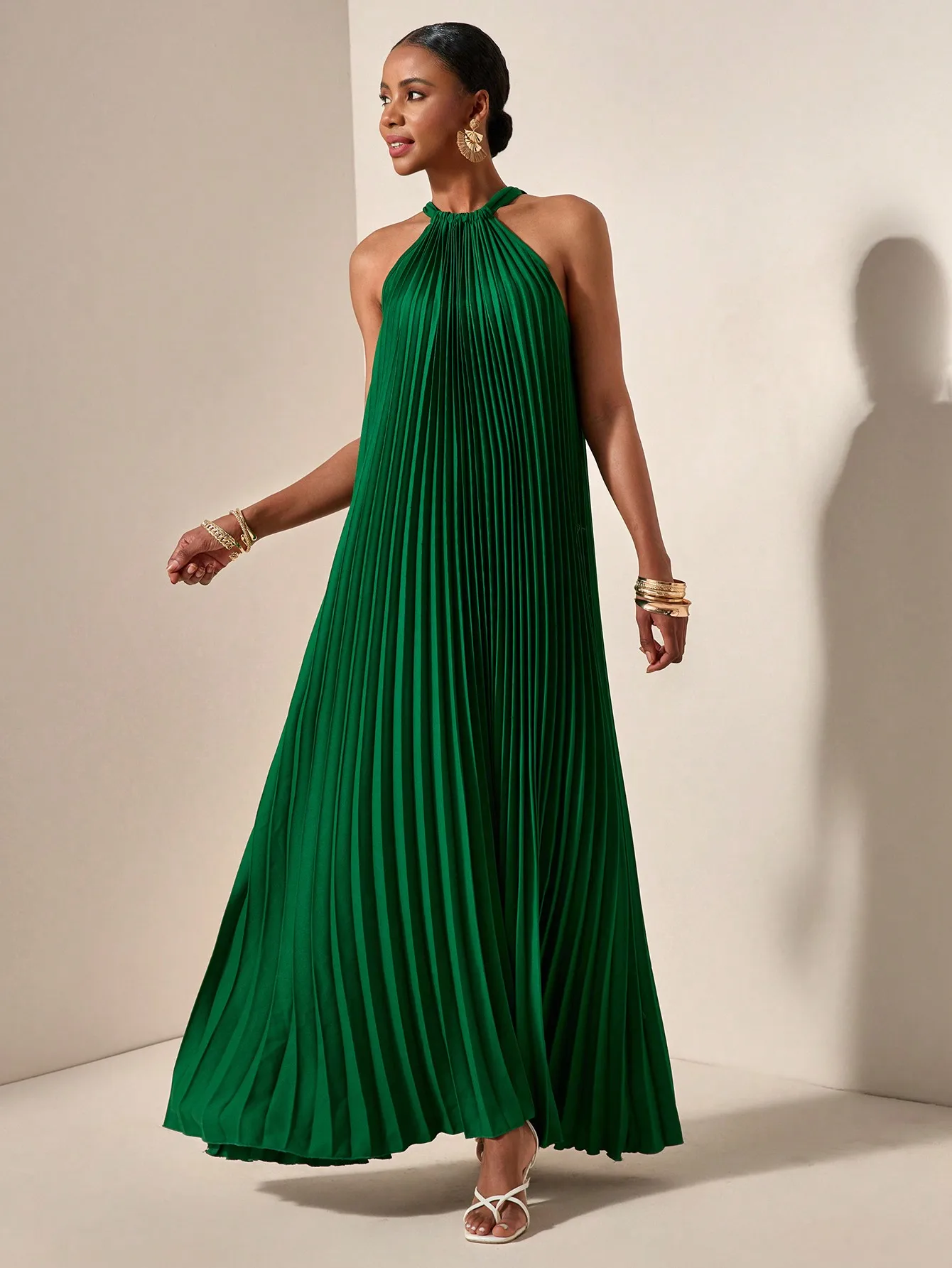 

Emerald Green Halterneck Pleated Maxi Dress for Summer Casual or Evening Wear