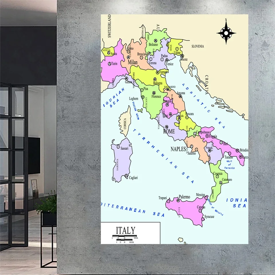 150*225Cm De Italië Politieke Map Wall Art Poster Niet-geweven Canvas Schilderij Spray Print Home Decor kinderen Schoolbenodigdheden