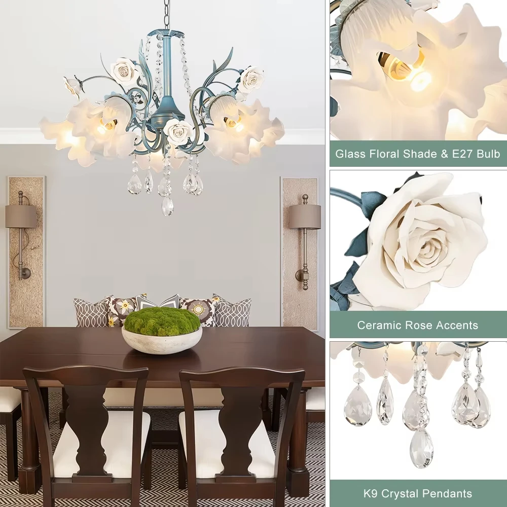 Nordic Luxury Flower Chandelier For Kitchen Table Living Room Bedroom Blue Iron Pendant Light With K9 Crystal Ceramic Roses