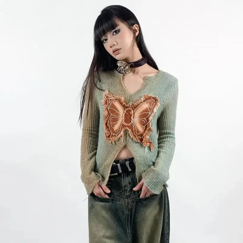 Yedinas Gradient Knitted Tops Long Sleeve Crop Top Pullovers Autumn Sweater Women Bufferfly Grunge Aesthetics V Neck Jumpers Y2k