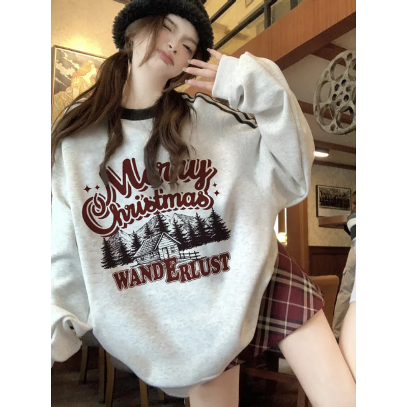 

Womens Clothing Grey Vintage Street Sweatshirt Hoodie Letter Printing Long Sleeves Spring Casual 2024 Oversize Baggy Female Tops